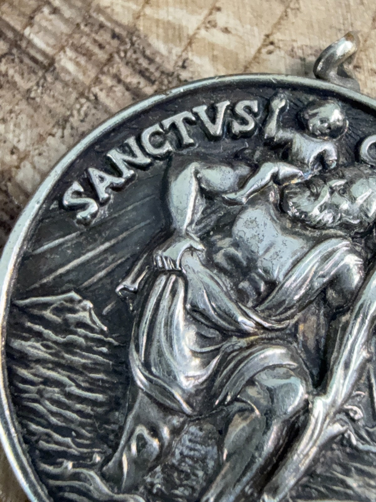 Vintage St Christopher Medal Pendant Silver Tone Sanctus Christofor Inscribed