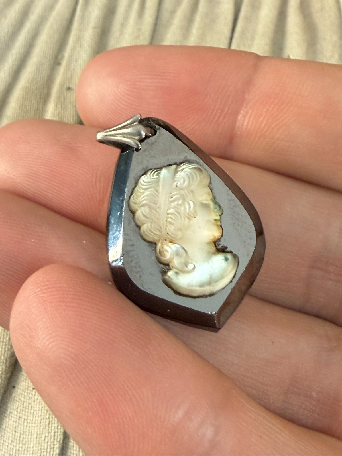 Vintage Hematite Glass Cameo Pendant Classical Female Portrait Silver Tone