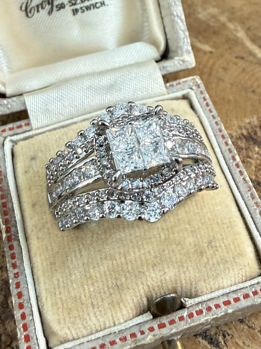 Sparkly Silver Tone Rhinestone Princess Cut Cluster Halo Bridal Ring Size U