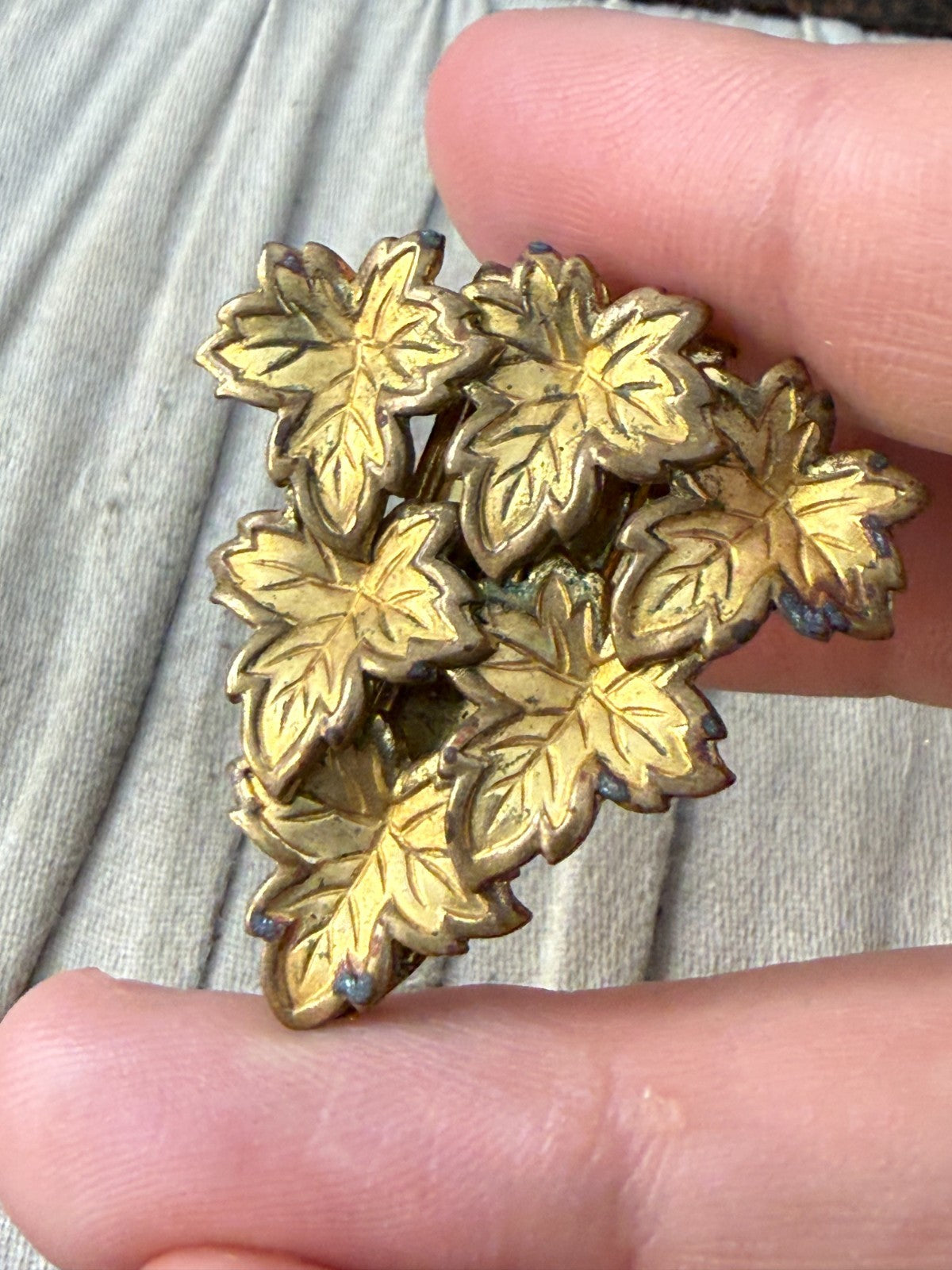 Vintage Gold Tone Maple Leaf Cluster Dress Clip 1930s Art Deco Marked REG