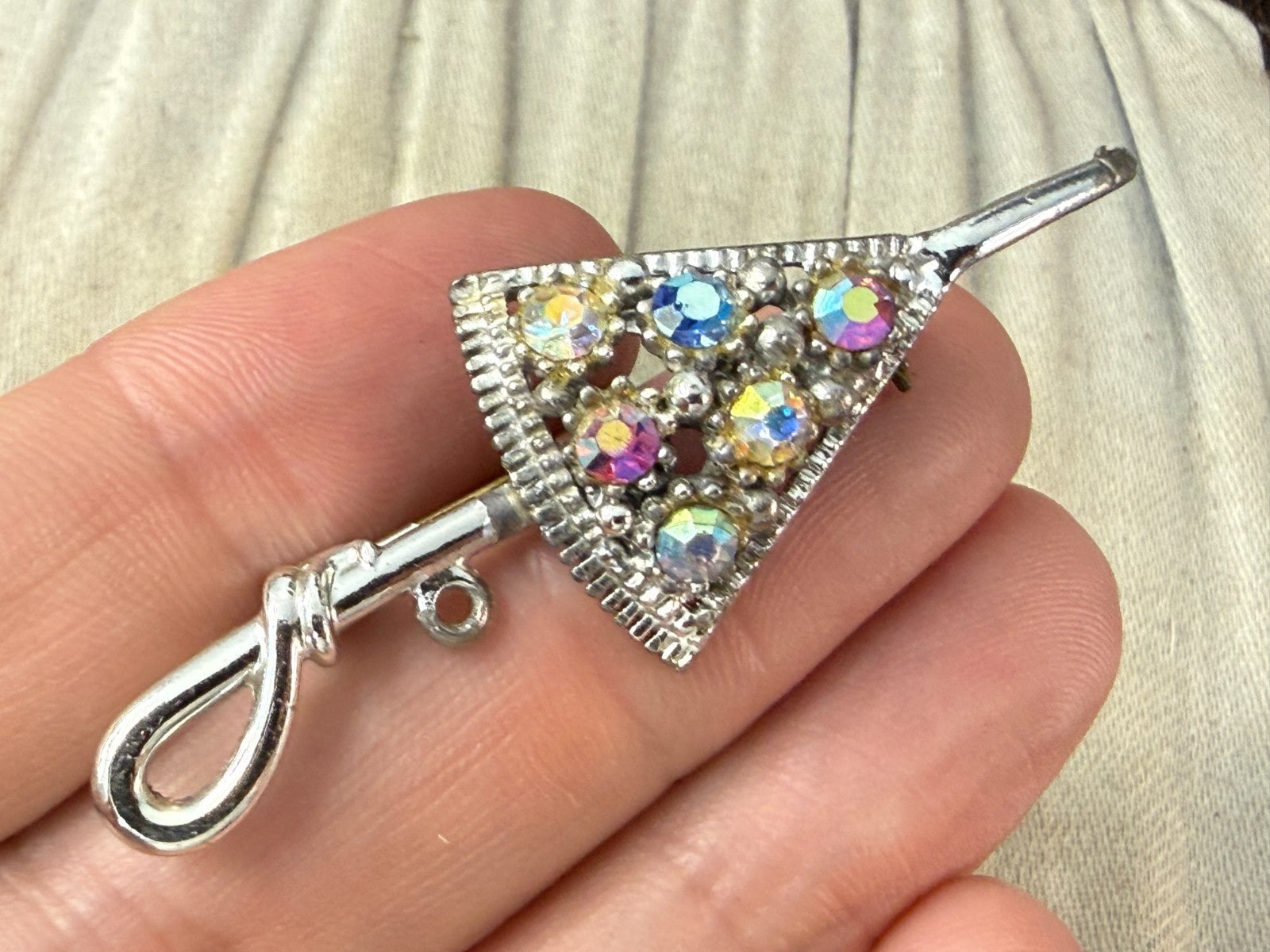 Vintage Silver Tone Umbrella Brooch AB Aurora Borealis Rhinestone Pin Kitsch