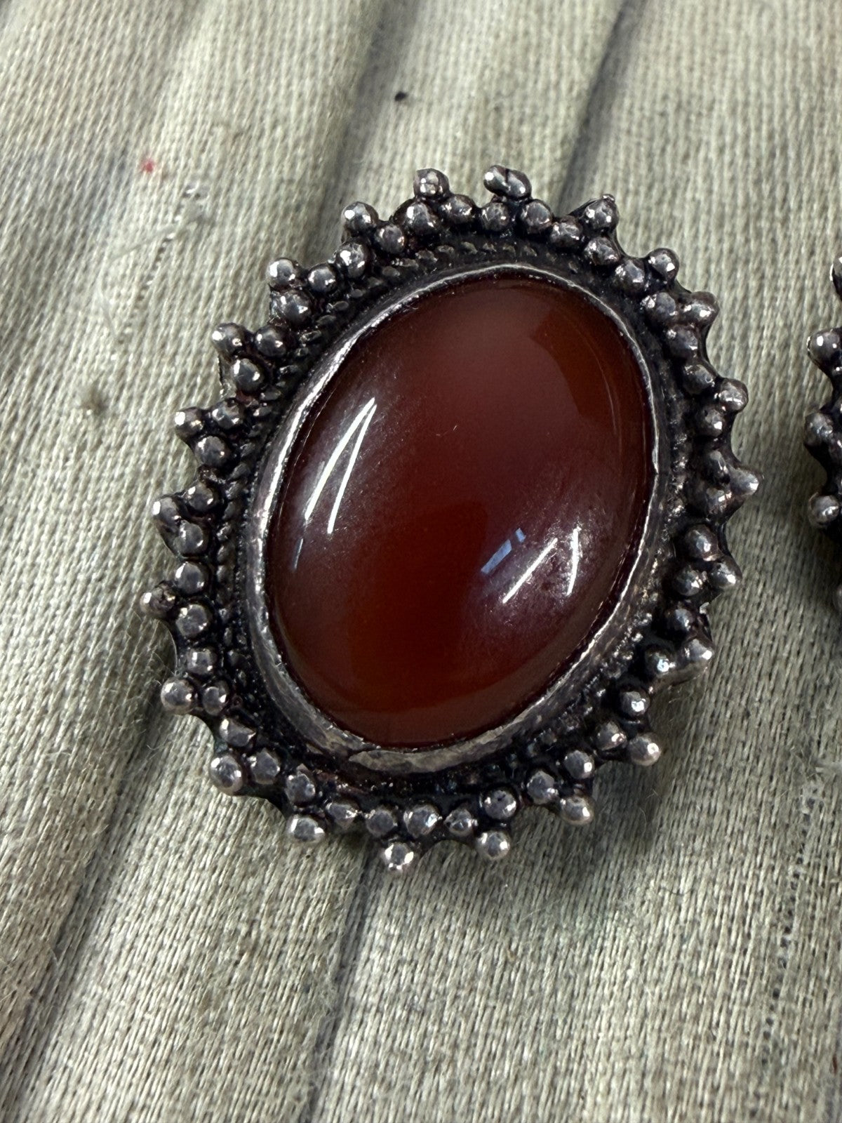 Vintage Sterling Silver 925 Carnelian Cabochon Clip On Earrings Granulated