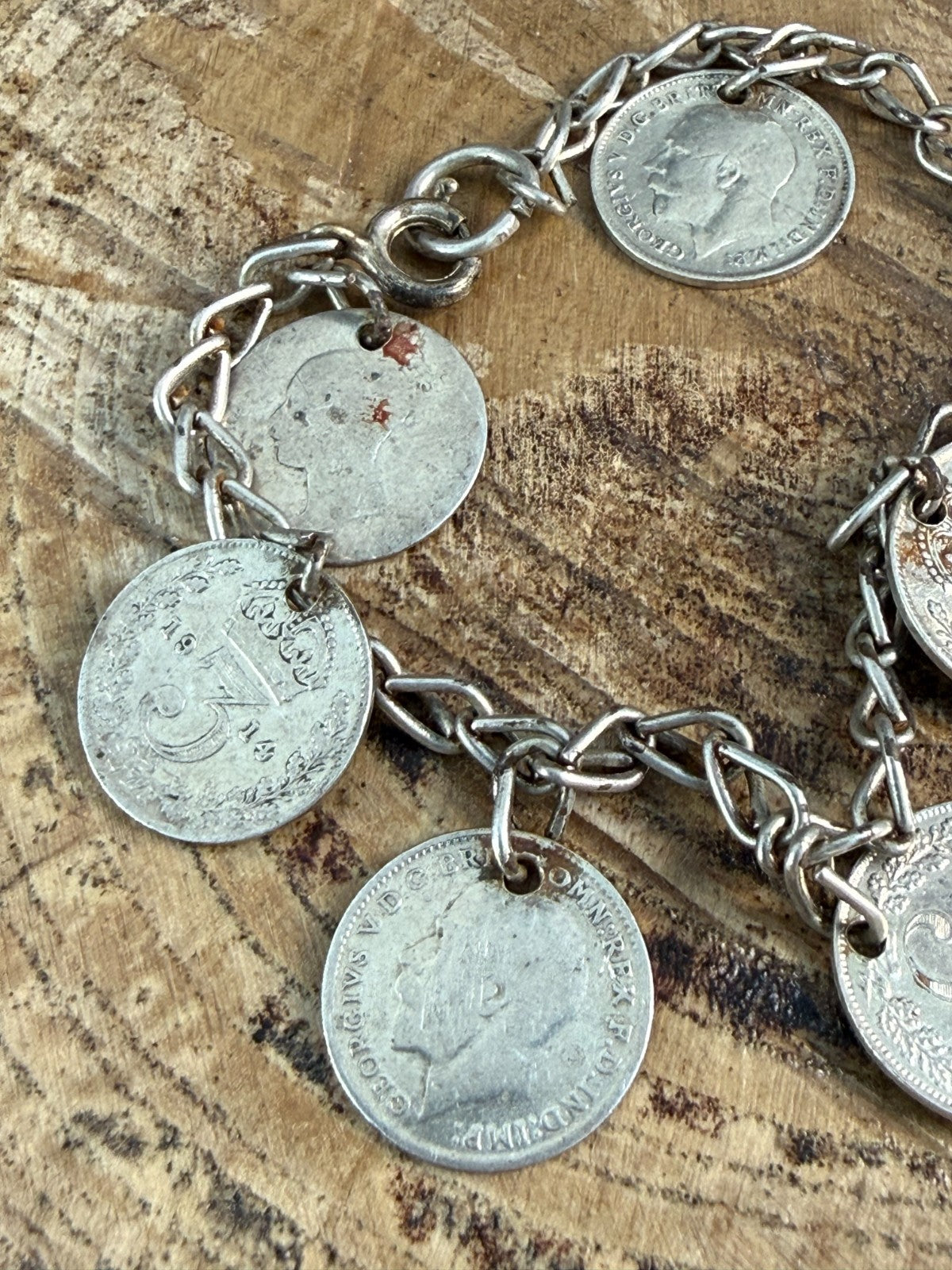 Antique Victorian George V Silver Threepenny Bit Coin Charm Bracelet 1867-1935