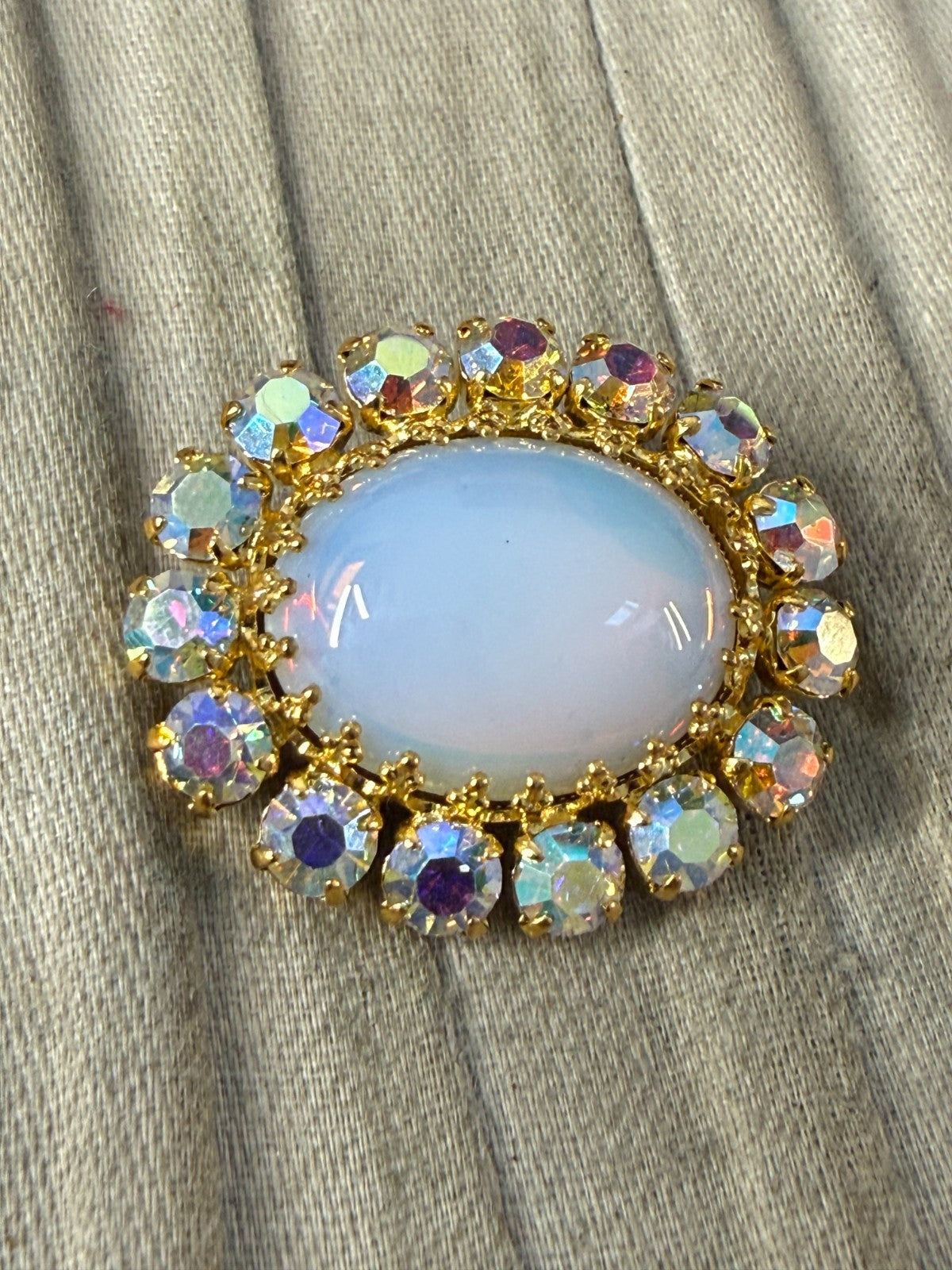 Vintage Aurora Borealis Rhinestone Brooch Gold Tone Pin Opaline Glass Cabochon