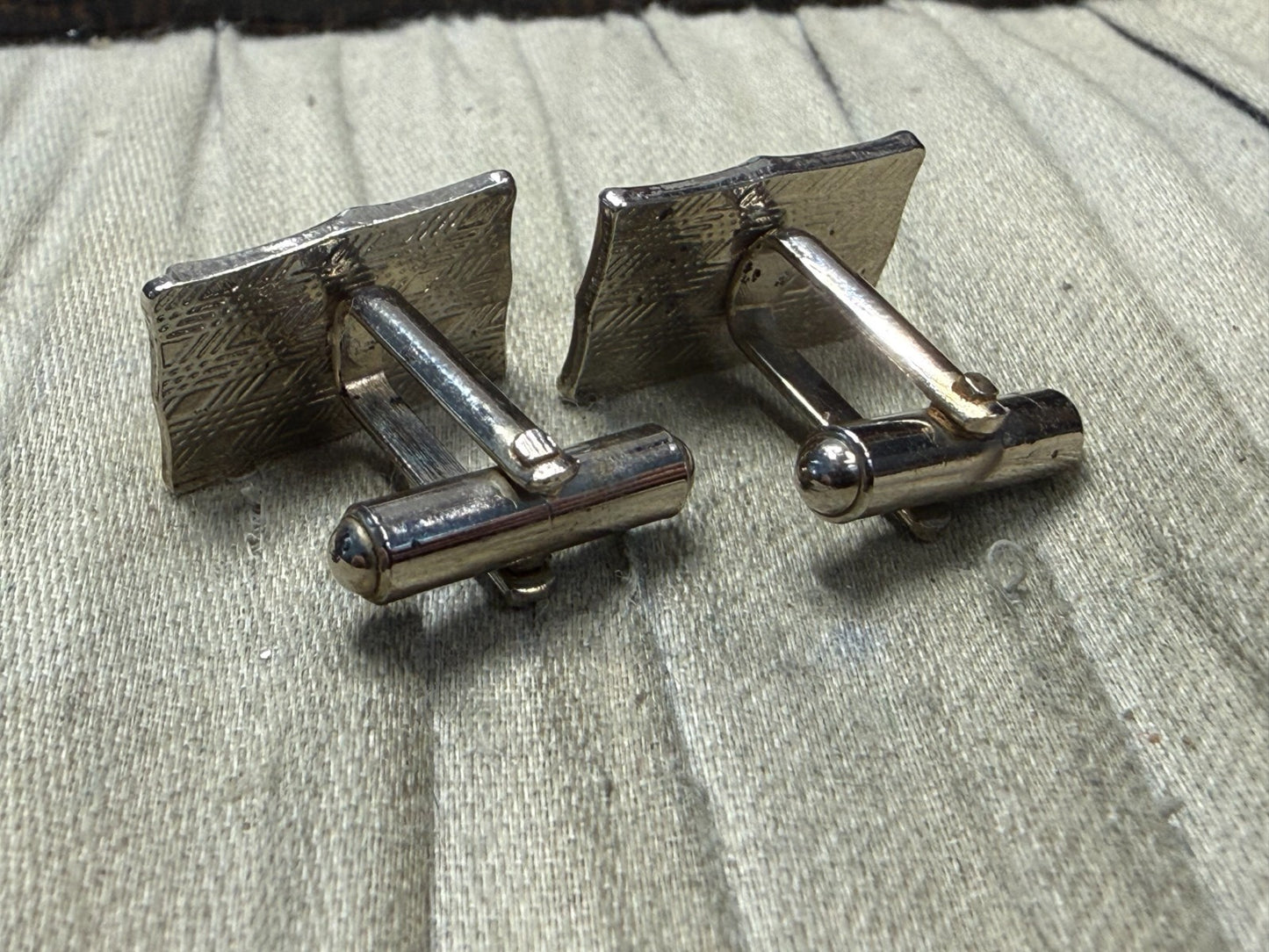 Vintage Black Glass Panel Cufflinks Pale Tone Fancy Retro Mens Gents