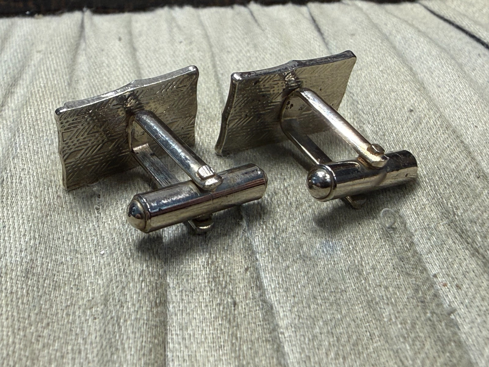 Vintage Black Glass Panel Cufflinks Pale Tone Fancy Retro Mens Gents