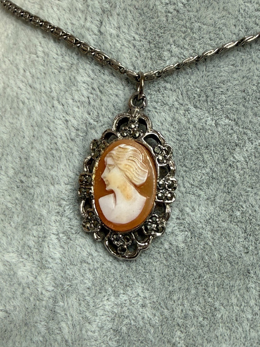 Vintage Silver Tone Shell Cameo Pendant Fancy Necklace Marcasite Openwork Frame