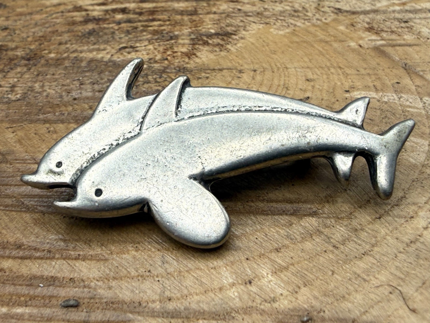 Vintage Pewter Dolphin Brooch Pin Silver Tone Pin Sealife Pair Animal Jumping