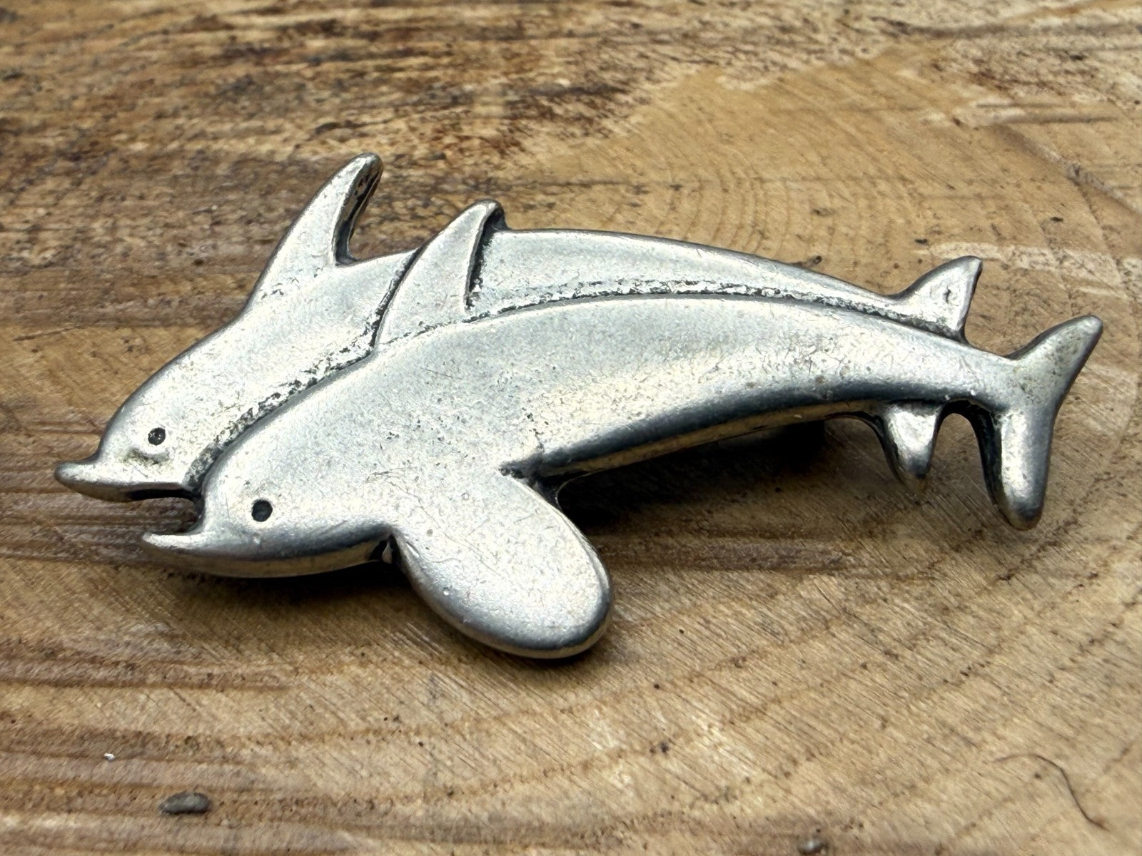 Vintage Pewter Dolphin Brooch Pin Silver Tone Pin Sealife Pair Animal Jumping