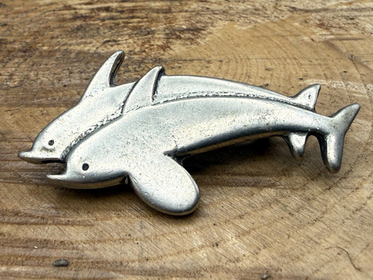 Vintage Pewter Dolphin Brooch Pin Silver Tone Pin Sealife Pair Animal Jumping