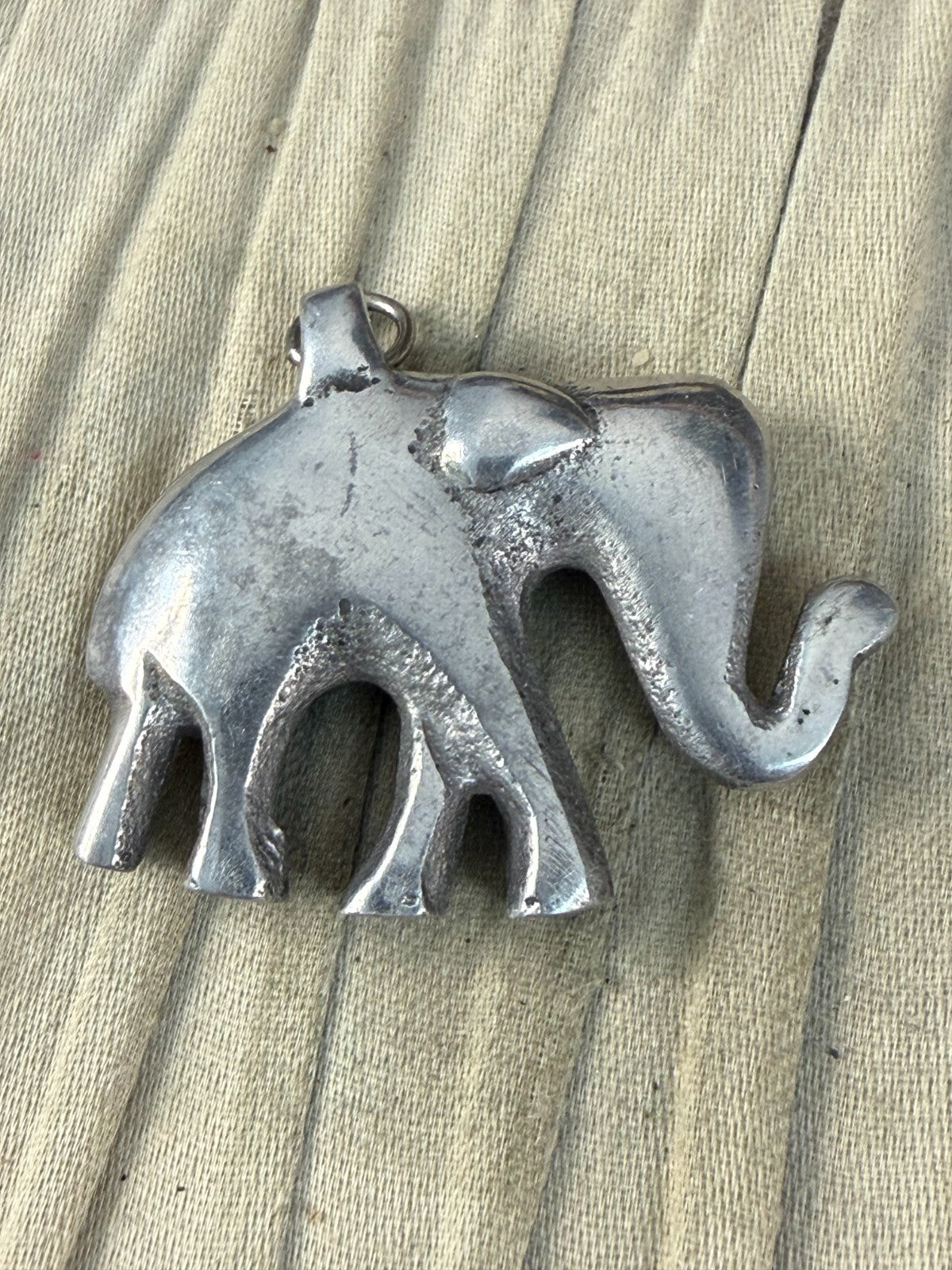 Vintage Elephant Pendant Trunk Up Lucky Charm Large Heavy Cast Silver Tone