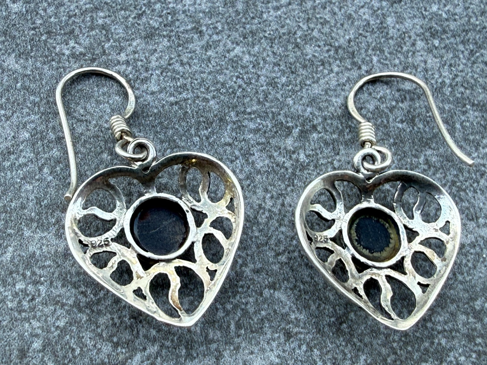 Sterling Silver Heart Earrings Black Onyx Drop Dangle Openwork Love Anniversary