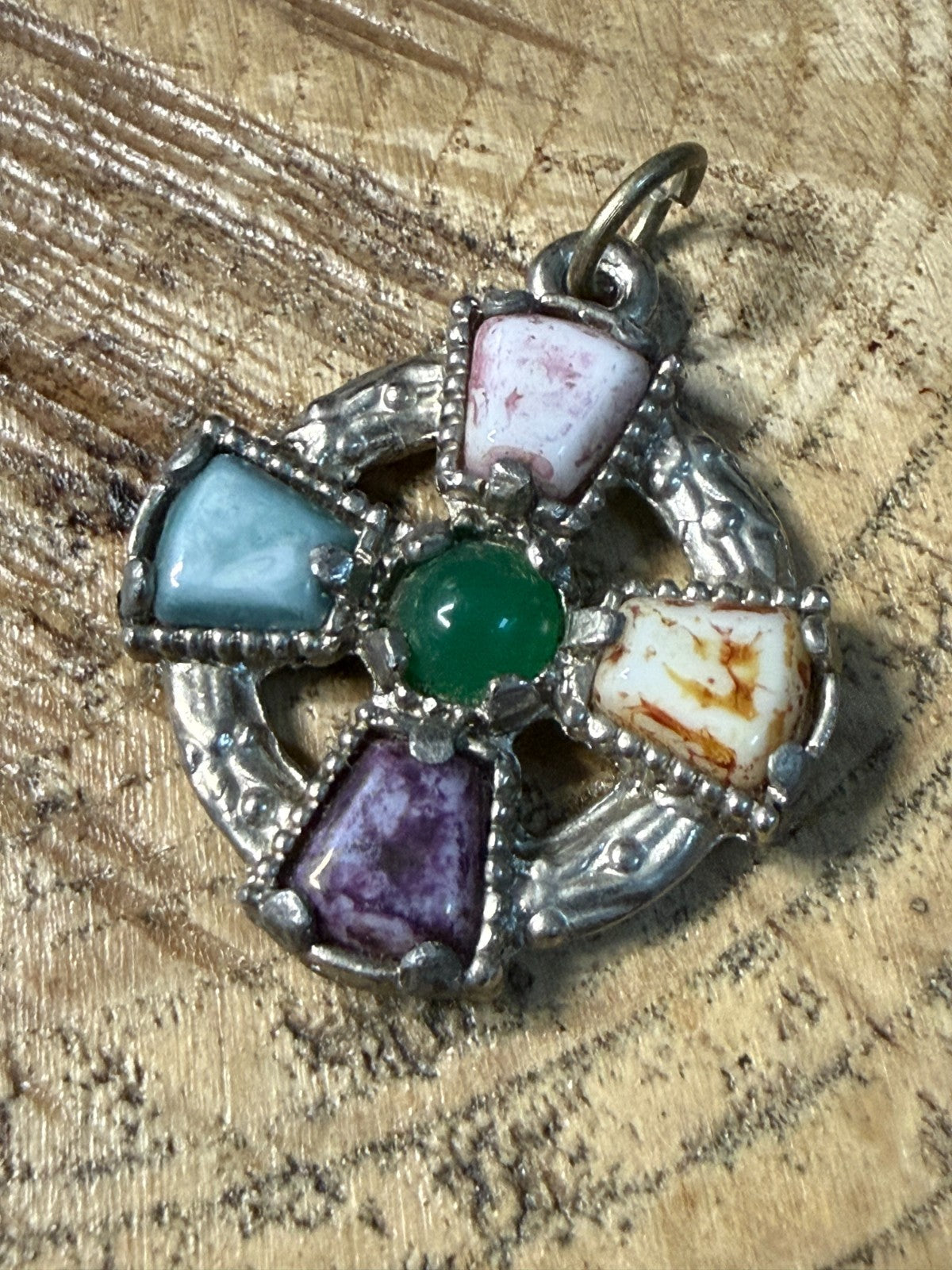 Vintage Celtic Cross Pendant Silver Tone Faux Agate Pebble Glass Colourful