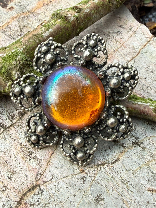 Vintage Flower Brooch Silver Tone Orange Foil Backed Glass Cabochon Floral Pin