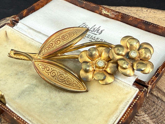 Vintage Double Flower Spray Brooch Clear Rhinestone Leaf Stem Gold Tone Floral