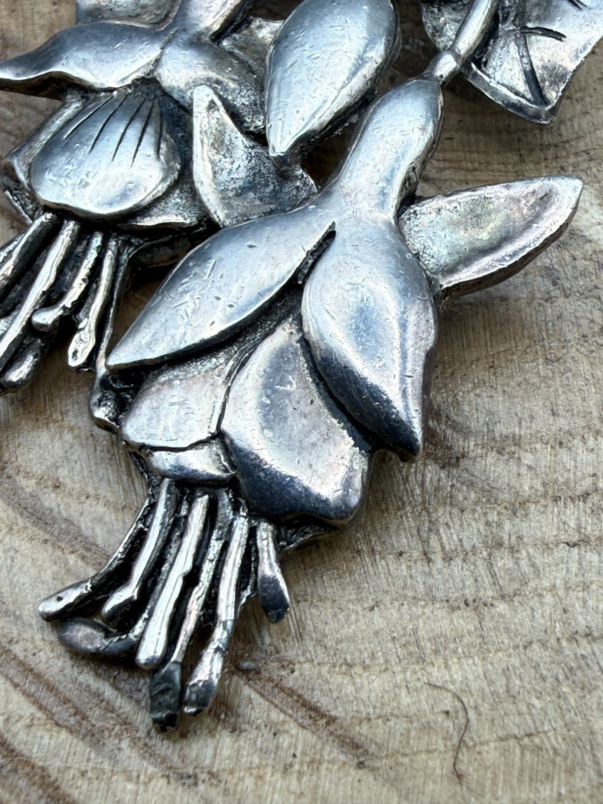 Vintage Fuchsia Brooch Pewter MASJ Silver Tone Statement Pin Signed Floral Welsh
