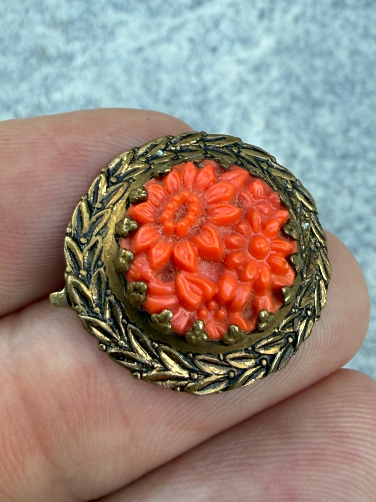 Antique Art Deco Brooch Red Celluloid Floral Pin Faux Coral Gold Tone Lapel