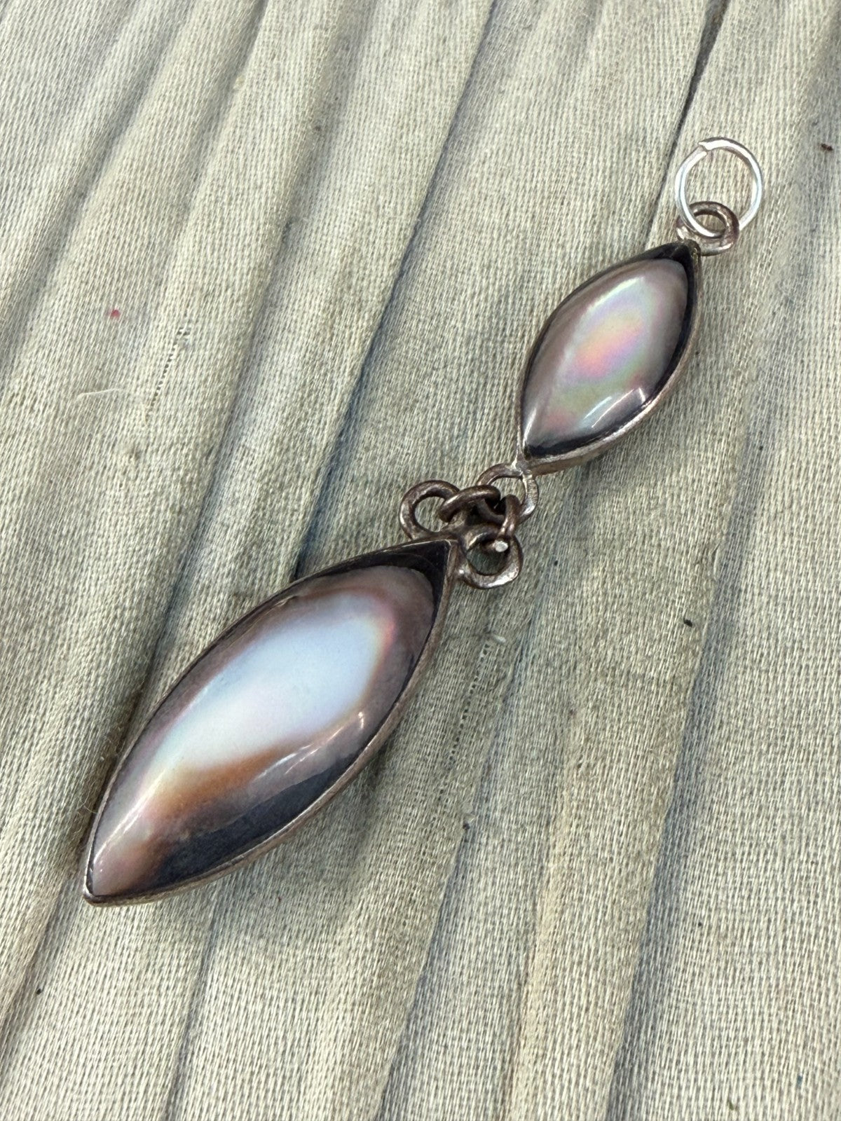 Vintage Silver Tone Double Drop Pendant Grey Mother of Pearl Marquise MOP