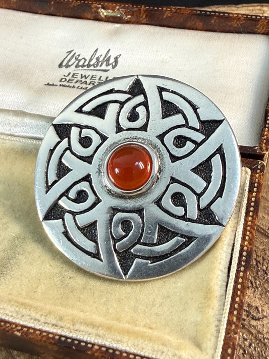 Vintage St Justin Pewter Brooch Celtic Knotwork Round Pin Orange Glass Cabochon