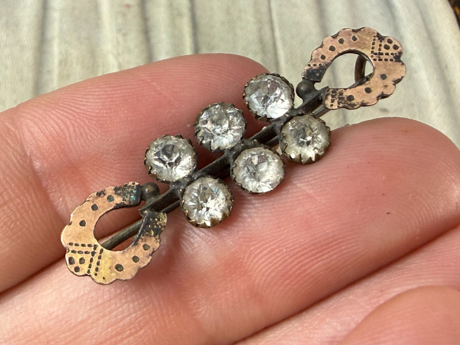 Antique Edwardian Paste Bar Brooch Lucky Horseshoe Pin Rose Gold Rhinestone