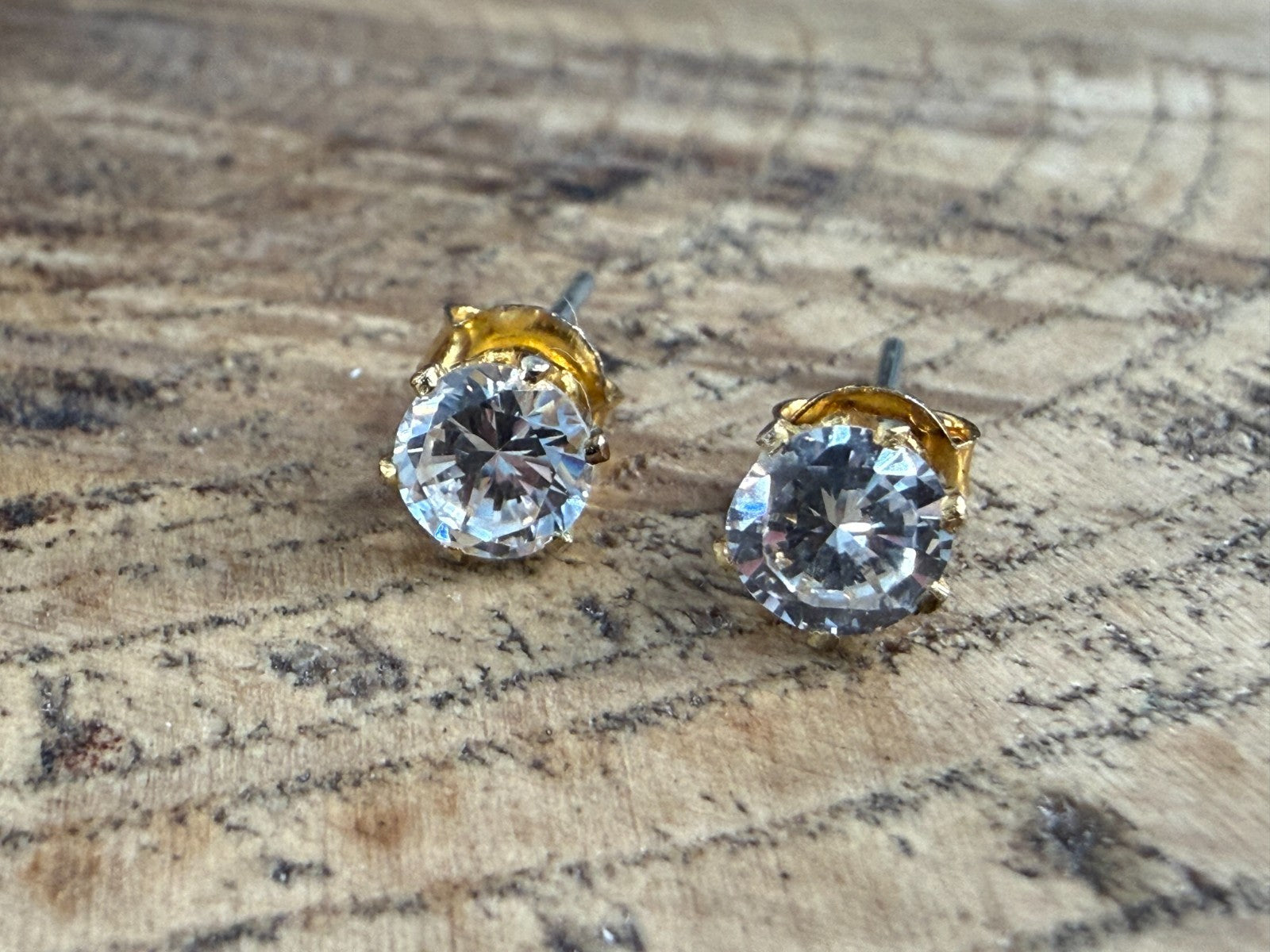 Vintage Goshenite Stud Earrings Gold Tone Round Brilliant Cut White Beryl Studs