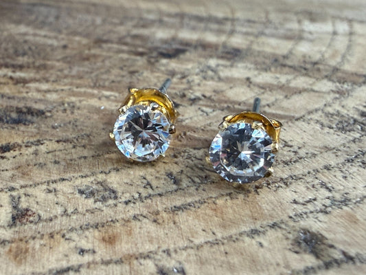 Vintage Goshenite Stud Earrings Gold Tone Round Brilliant Cut White Beryl Studs