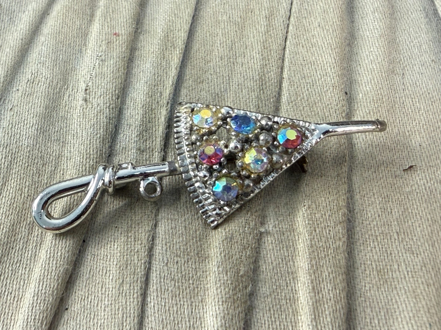 Vintage Silver Tone Umbrella Brooch AB Aurora Borealis Rhinestone Pin Kitsch