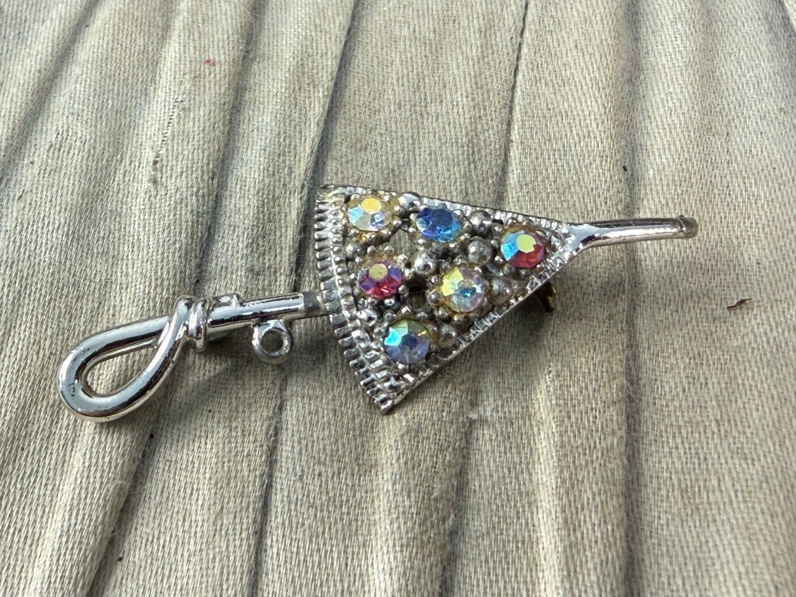 Vintage Silver Tone Umbrella Brooch AB Aurora Borealis Rhinestone Pin Kitsch