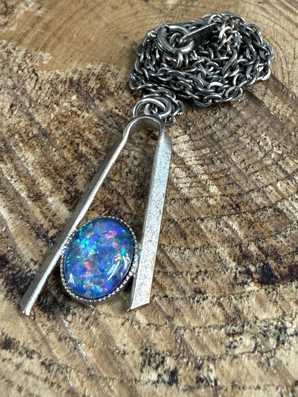 Vintage Modernist Pendant Necklace Glass Opal Simulant 1960s Dark Silver Tone
