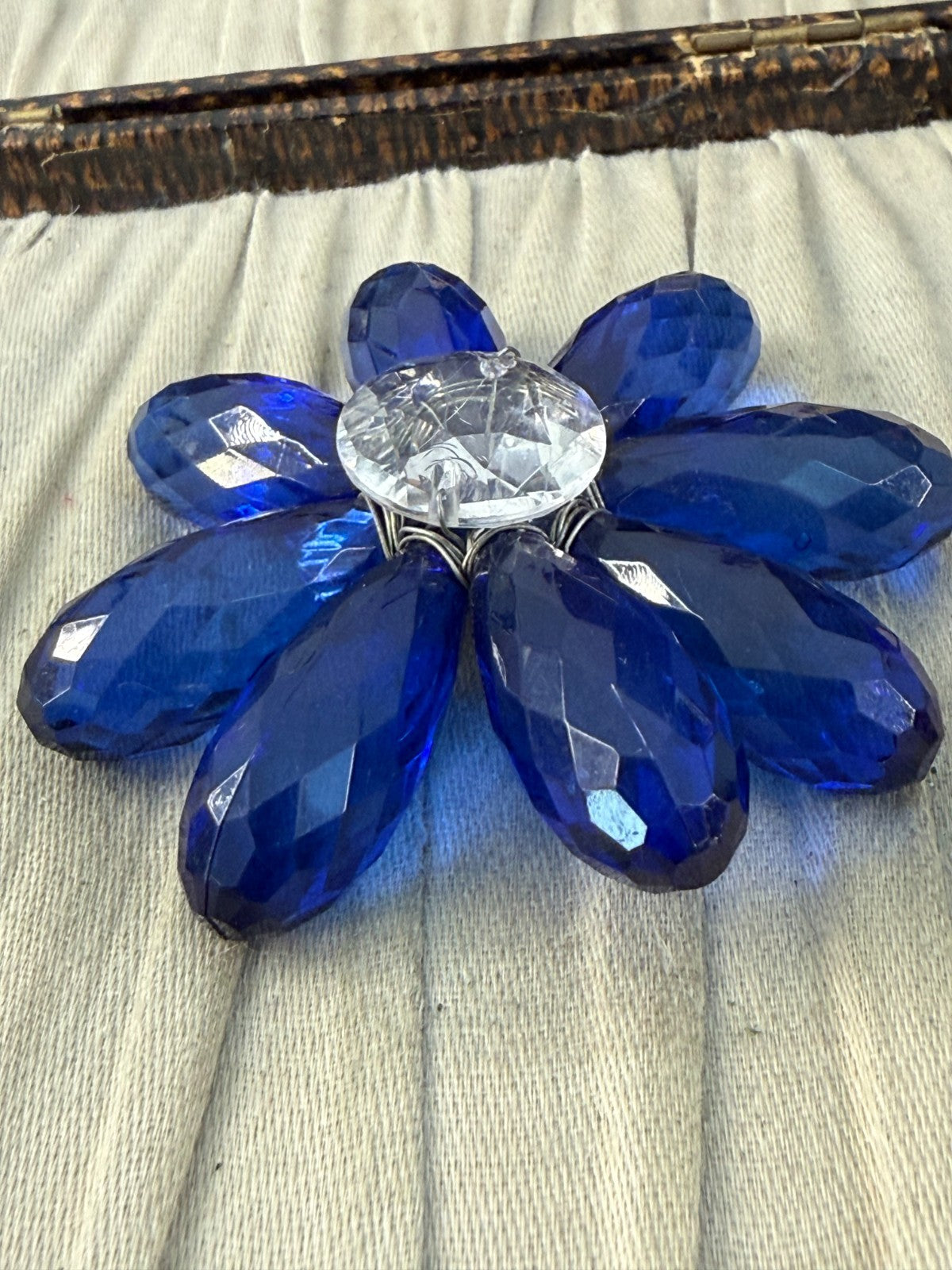 Vintage Cobalt Blue Brooch Faceted Plastic Daisy Flower Statement Pin