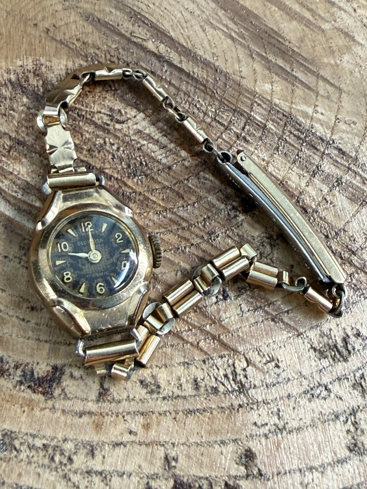 Vintage Gloriosa Ladies Watch Rolled Gold Black Dial 17 Jewel Mechanical