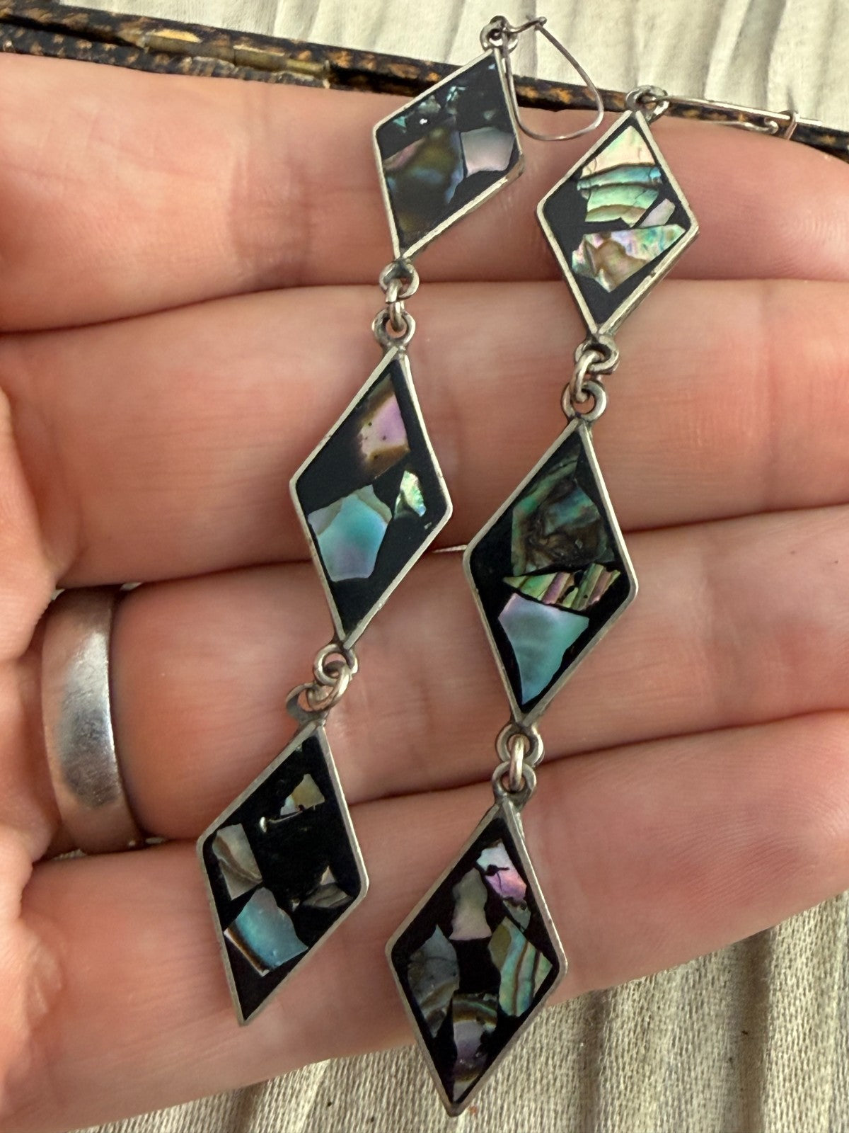 Vintage Silver Tone Abalone Shell Mosaic Drop Earrings Black Diamond Dangle