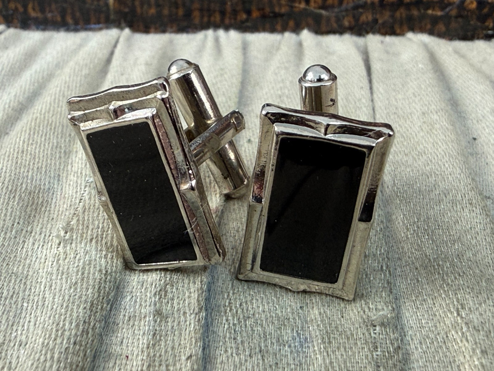 Vintage Black Glass Panel Cufflinks Pale Tone Fancy Retro Mens Gents