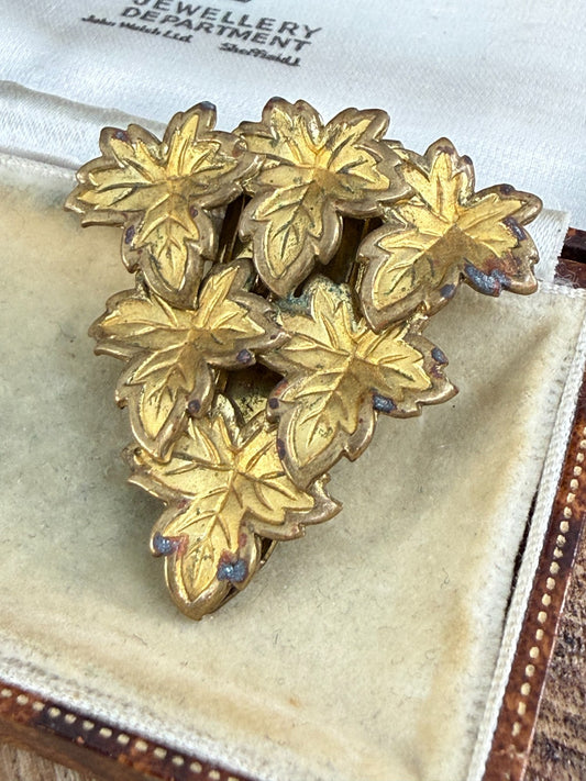 Vintage Gold Tone Maple Leaf Cluster Dress Clip 1930s Art Deco Marked REG