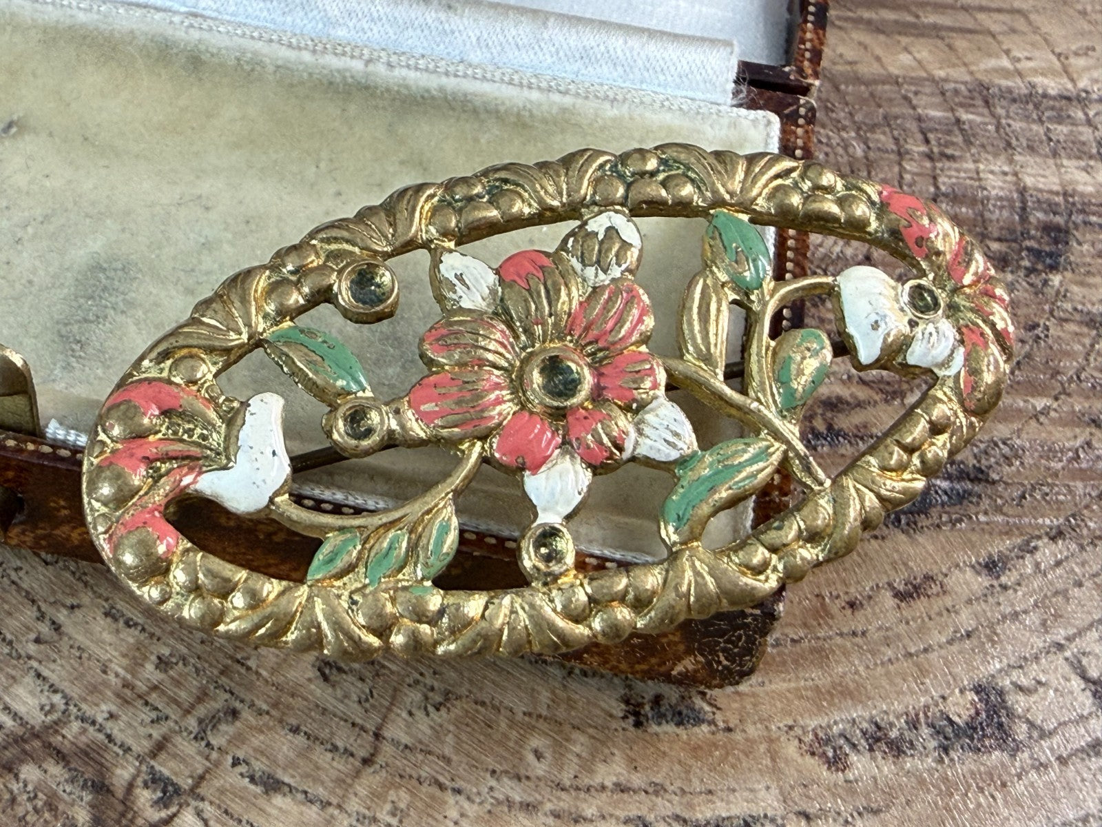 Vintage Art Deco Flower Brooch Gold Tone Oval Pin Brass Painted 1930s 1940s