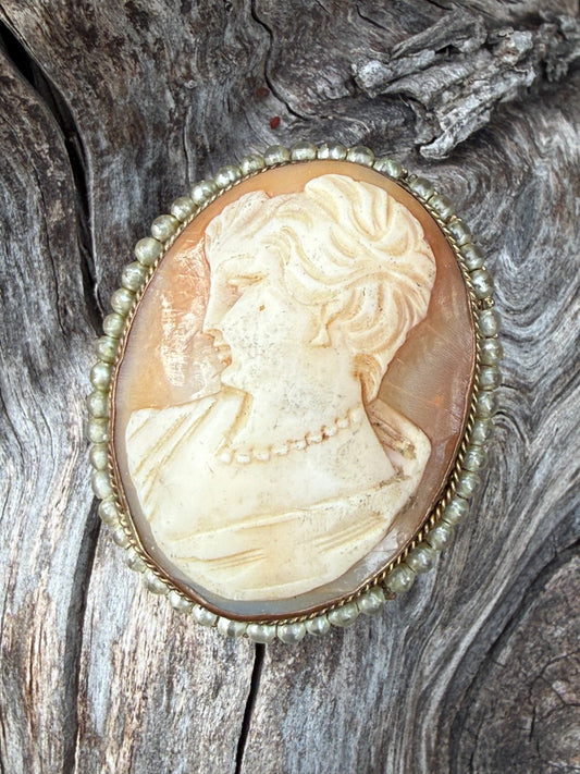Vintage Gold Tone Shell Cameo Brooch Pin Lady Portrait Faux Seed Pearl Trim