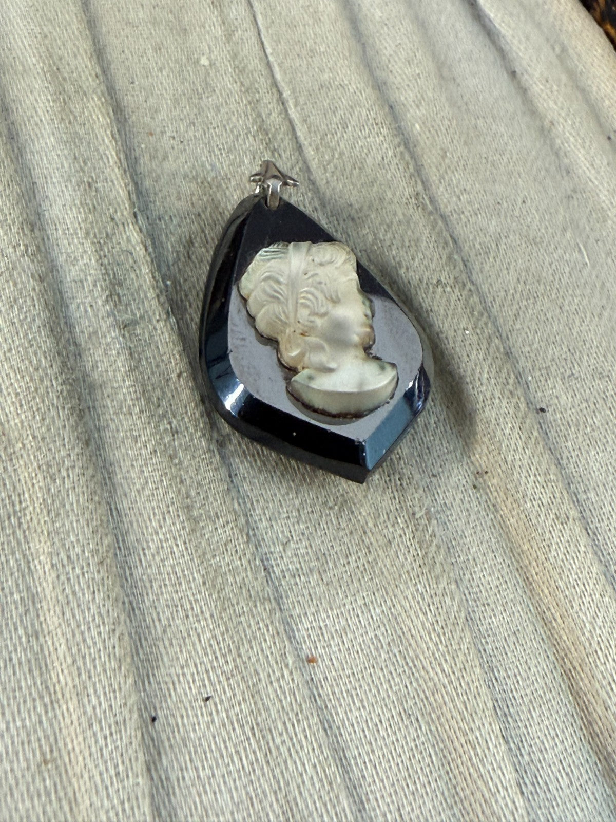 Vintage Hematite Glass Cameo Pendant Classical Female Portrait Silver Tone
