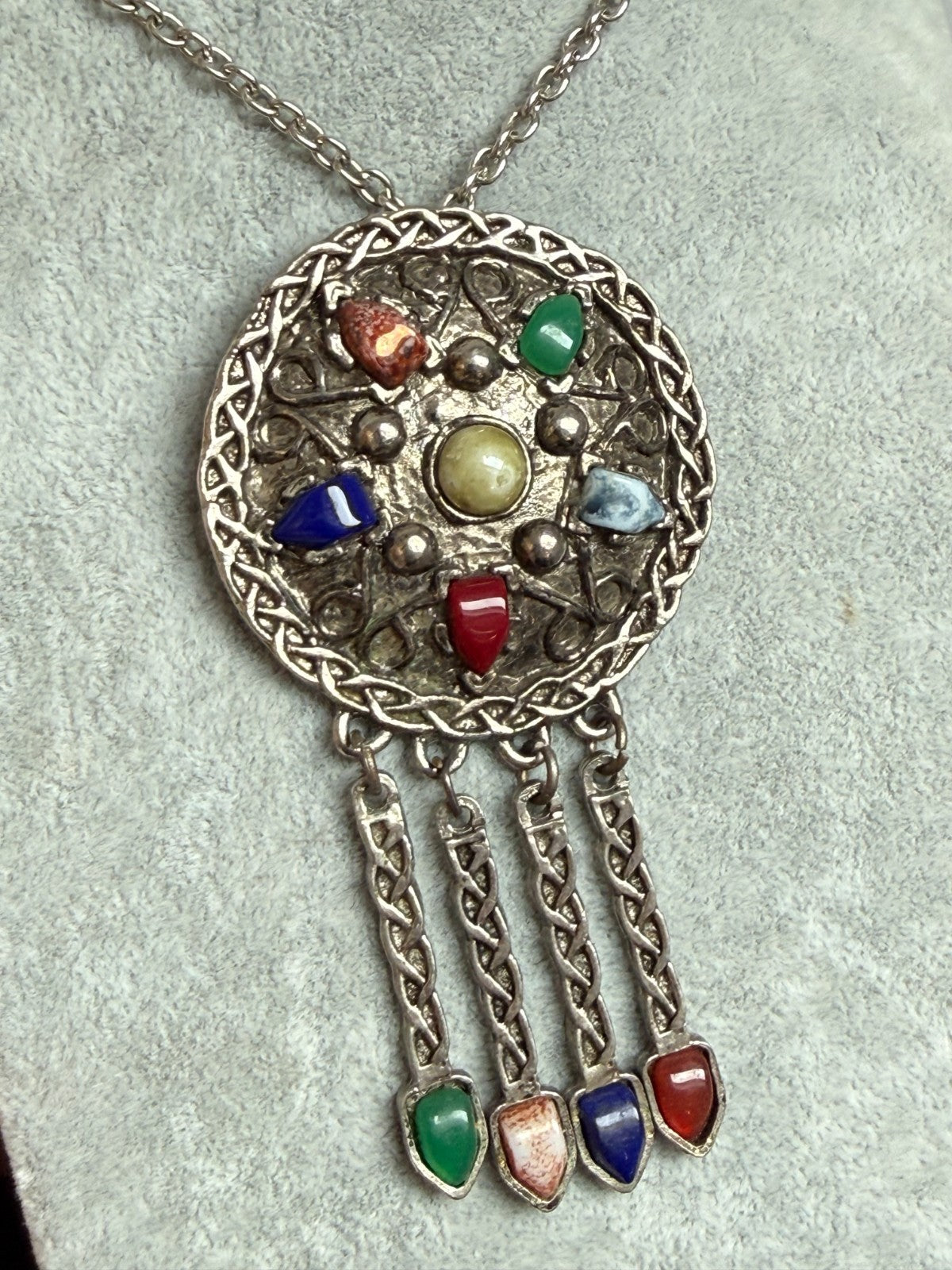 Vintage Silver Tone Celtic Knotwork Disc Pendant Necklace Multicolour Glass