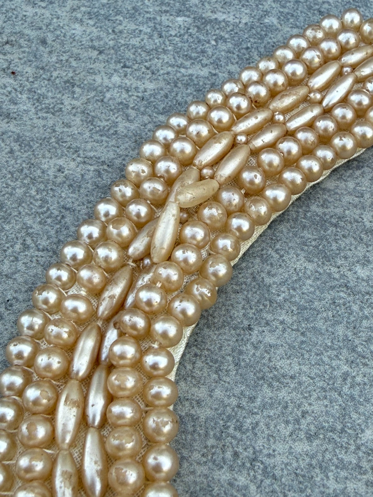 Vintage Cream Faux Pearl Flapper Necklace Collar Bib Style Fabric Mid Century
