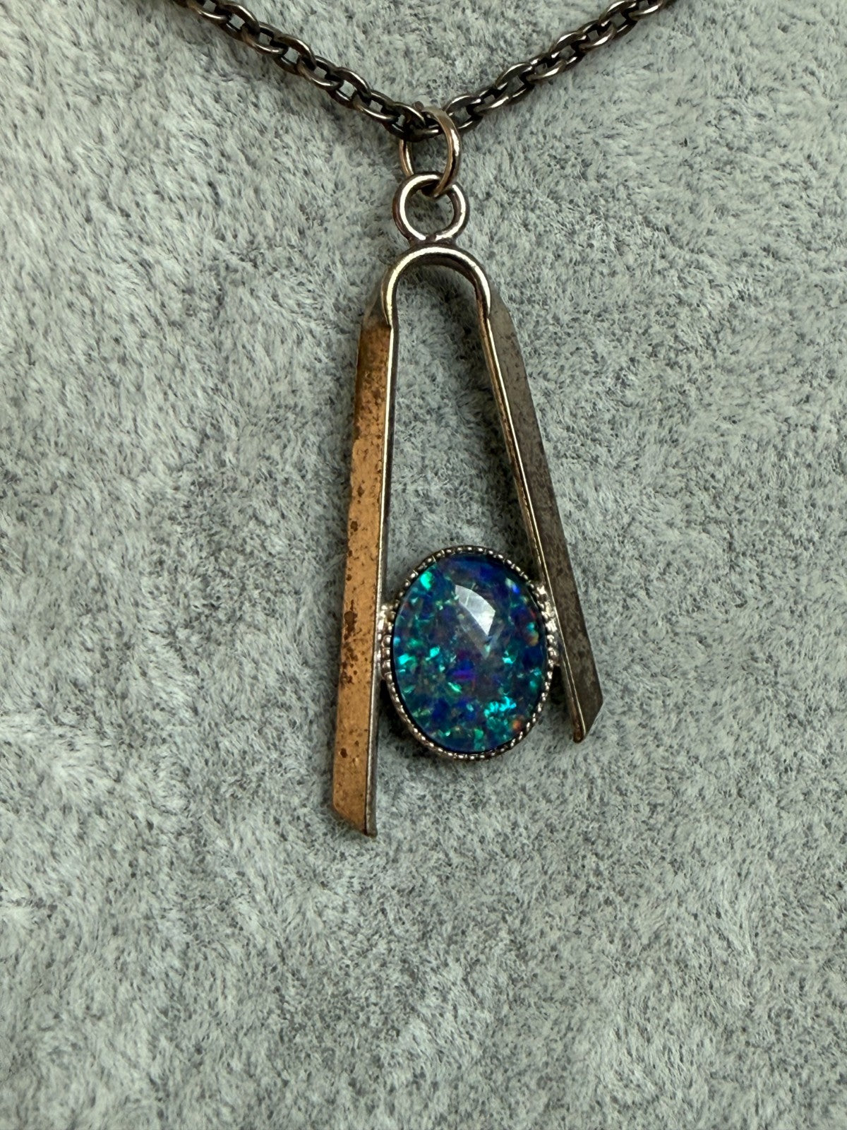 Vintage Modernist Pendant Necklace Glass Opal Simulant 1960s Dark Silver Tone