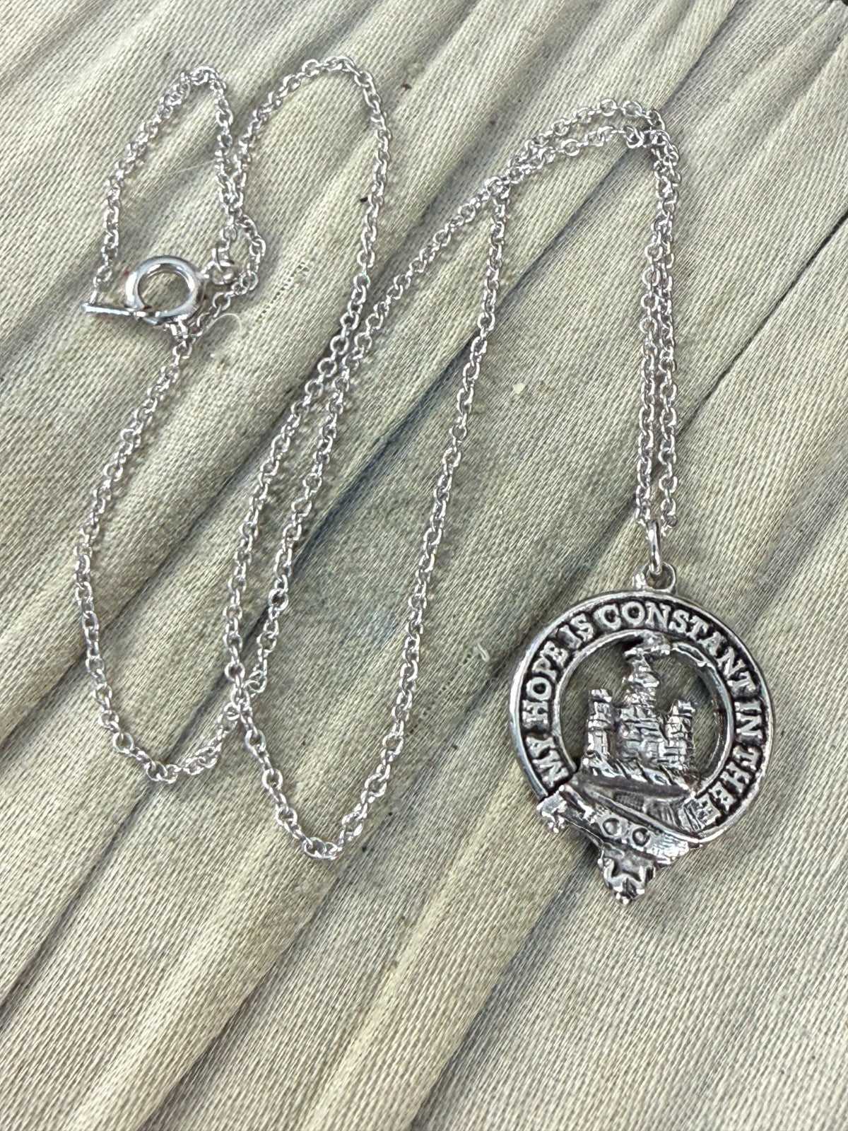 Vintage Silver Tone Clan Douglas Crest Pendant Necklace Scottish Motto Celtic
