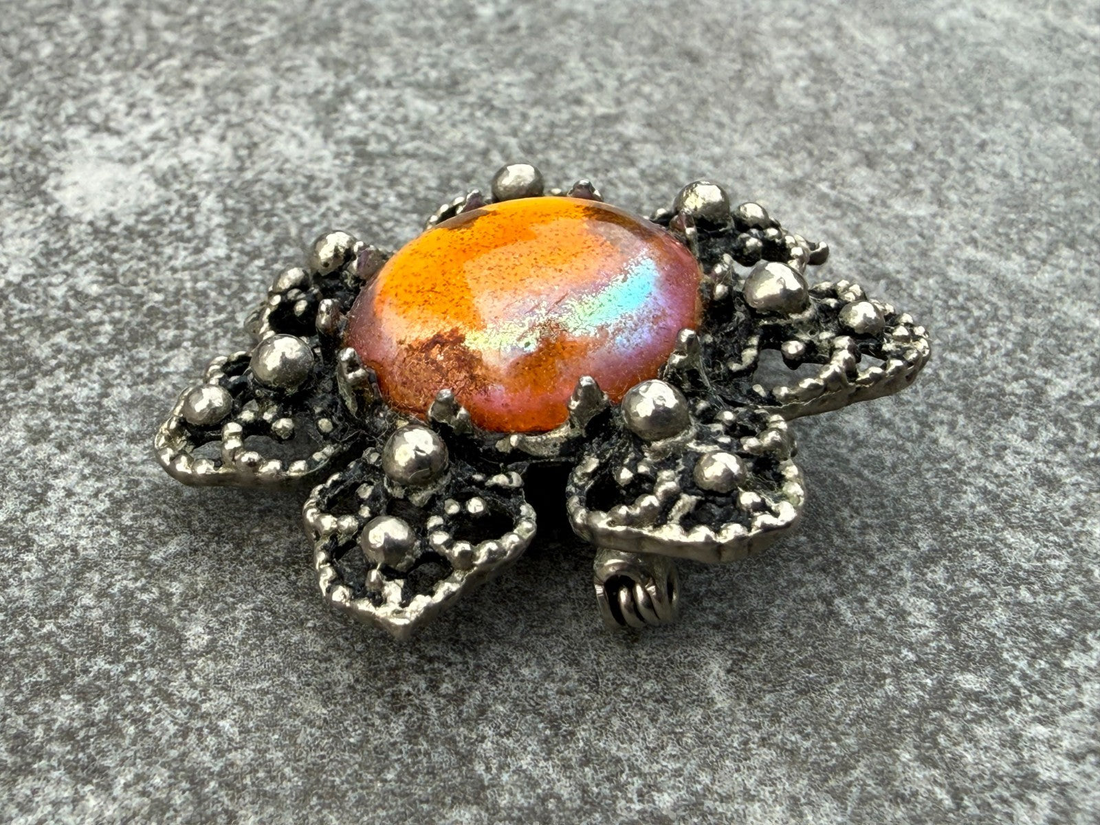 Vintage Flower Brooch Silver Tone Orange Foil Backed Glass Cabochon Floral Pin