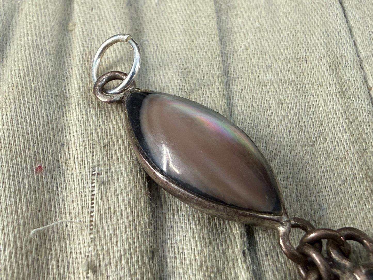 Vintage Silver Tone Double Drop Pendant Grey Mother of Pearl Marquise MOP