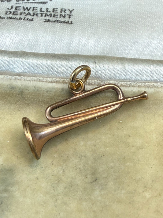Antique Rolled Gold Bugle Pendant Musical Hunting Trumpet Charm Victorian