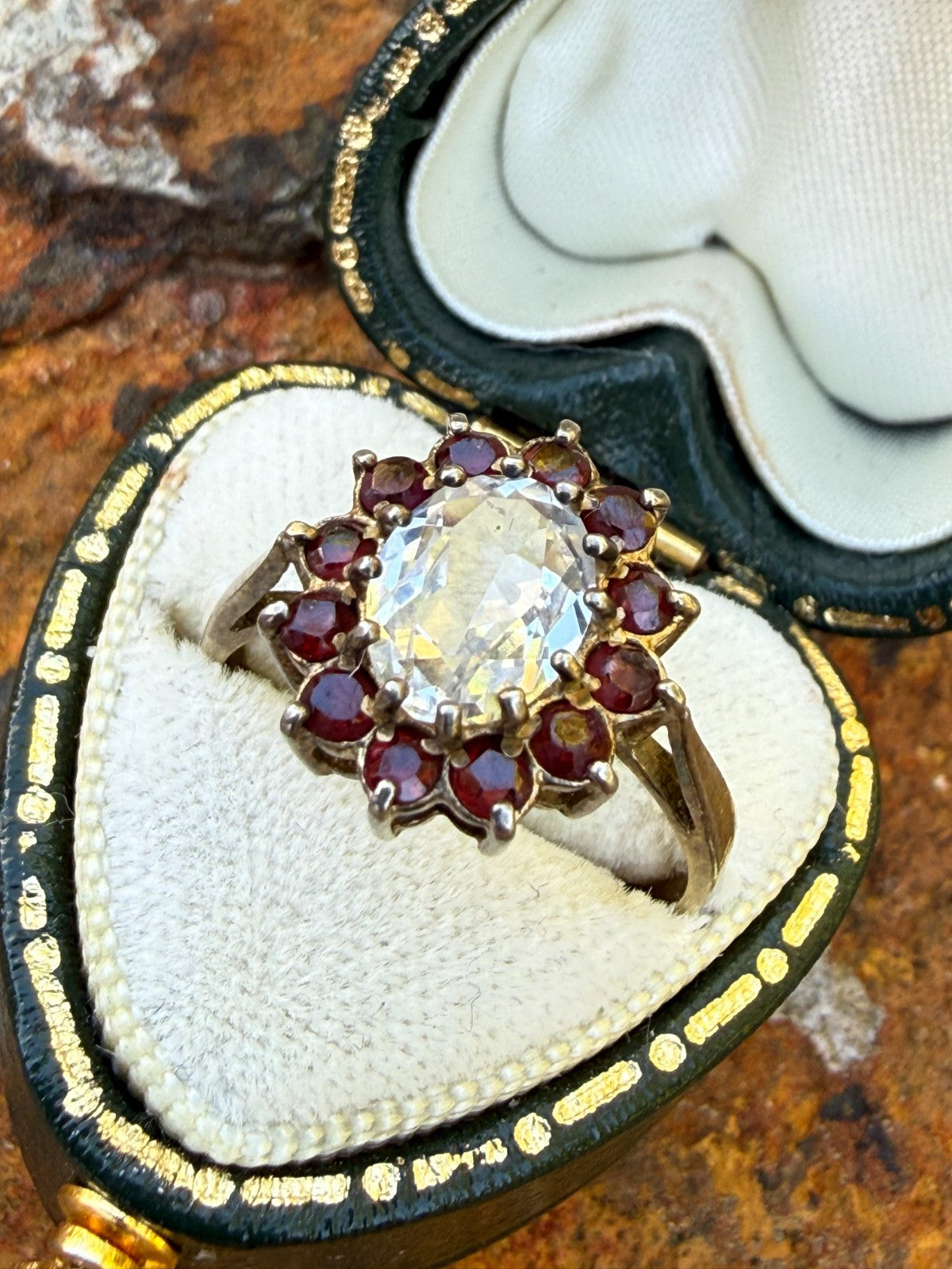 Vintage Silver Milky Quartz Ring Red Glass Rhinestone Cluster Cocktail Size M