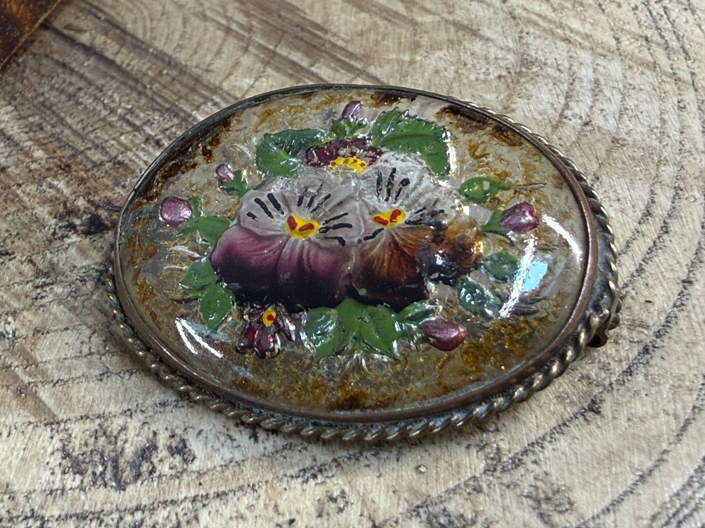 Antique Goofus Glass Pansy Brooch Floral Oval Gold Tone Painted Victorian
