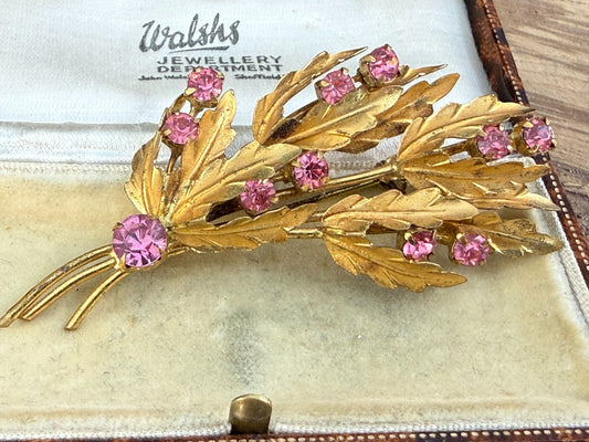 Vintage Gold Tone Leaf Spray Brooch Pink Rhinestone Floral Bouquet Pin 1950s