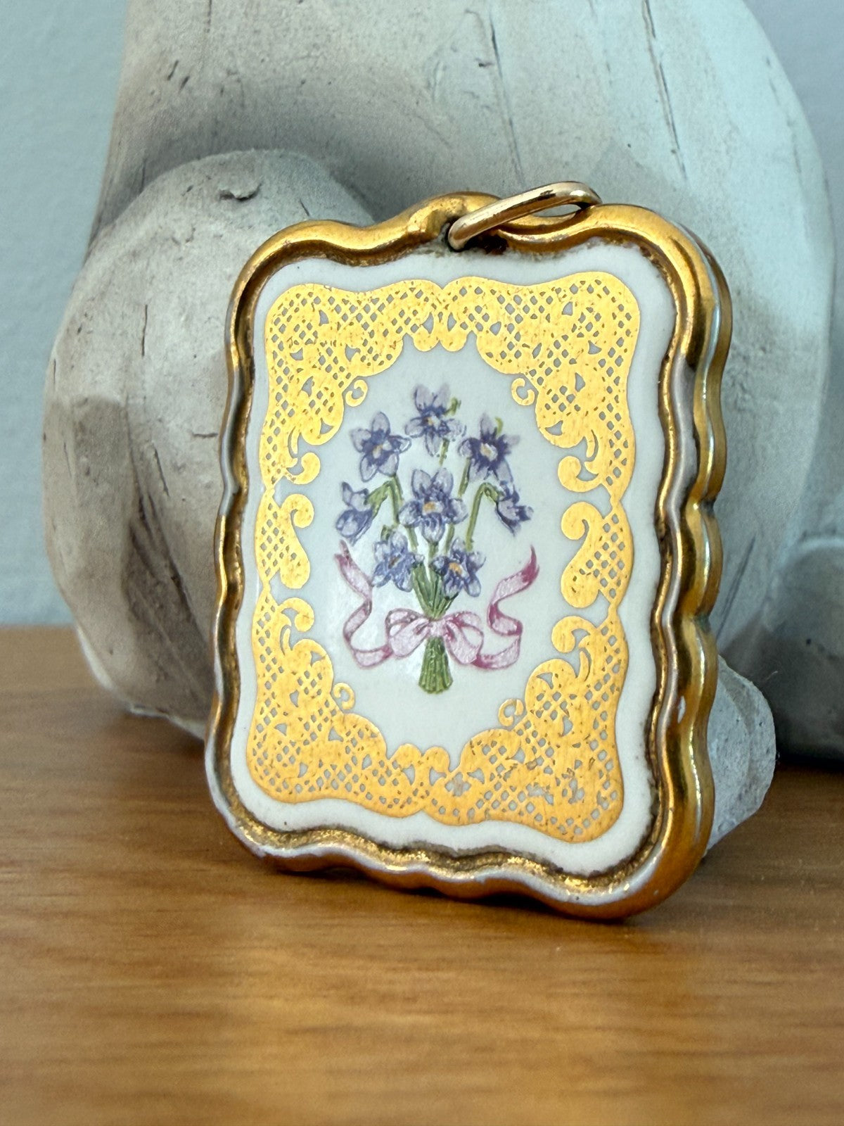 Franklin Mint 'Victorian Valentine' Pendant 24ct Gold Plated Porcelain Floral