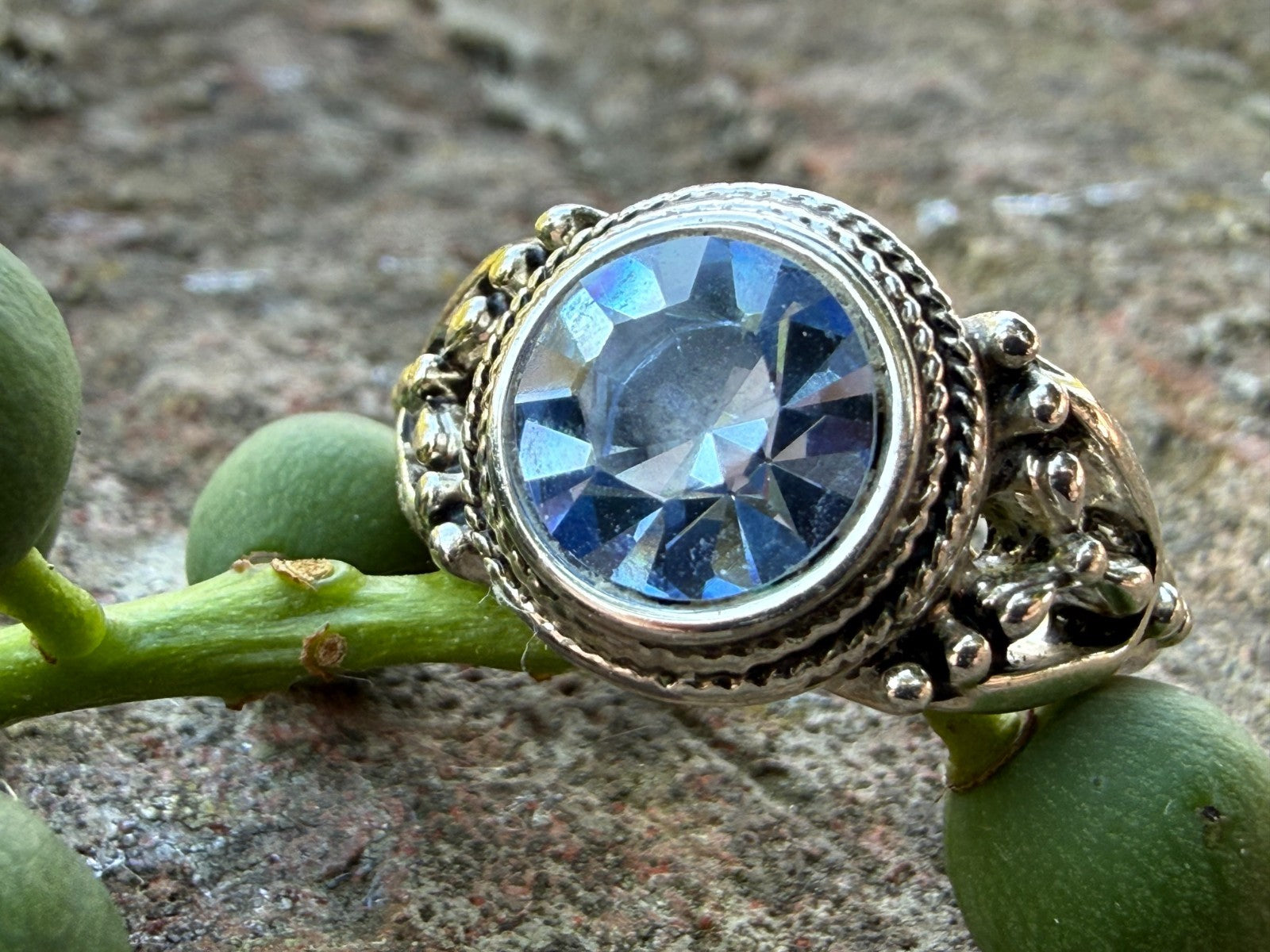 Sparkly Pale Blue Ring Silver Tone Glass Paste Cocktail Statement Size S
