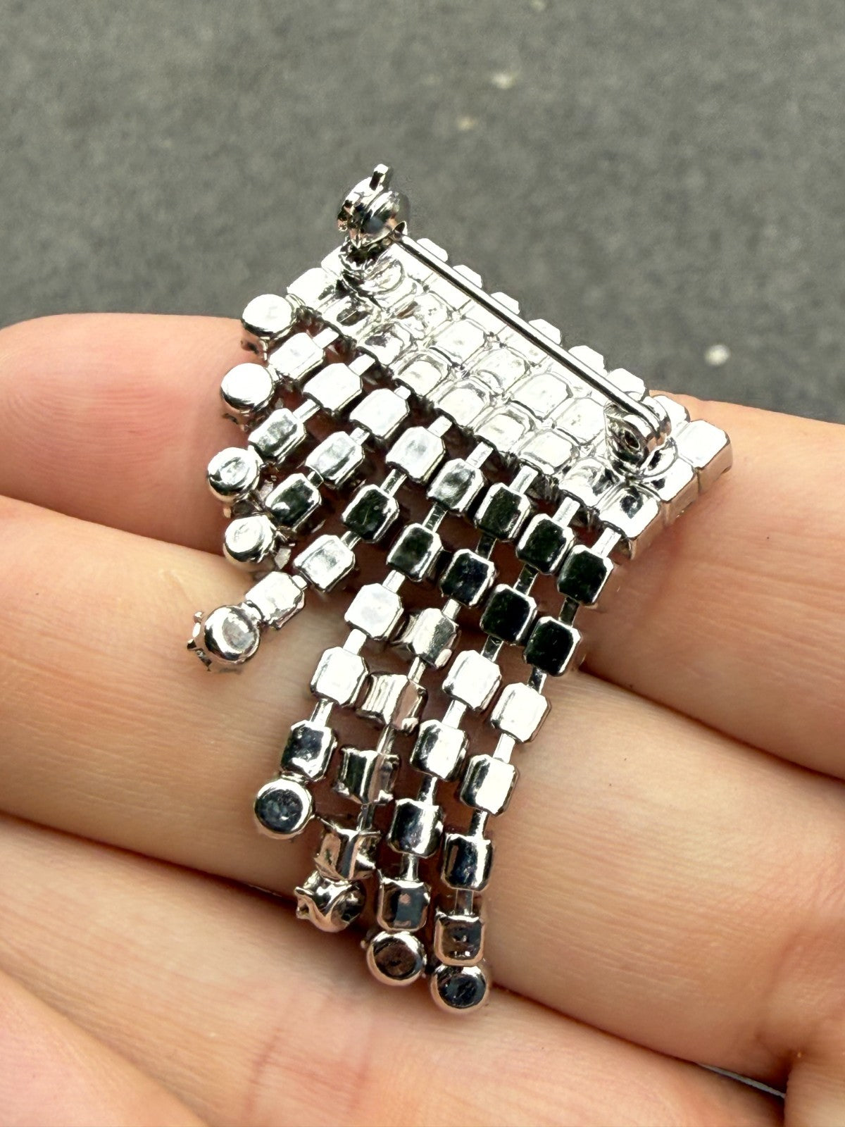 Vintage Waterfall Brooch Silver Tone Drop Dangle Mid Century Cascading Pin